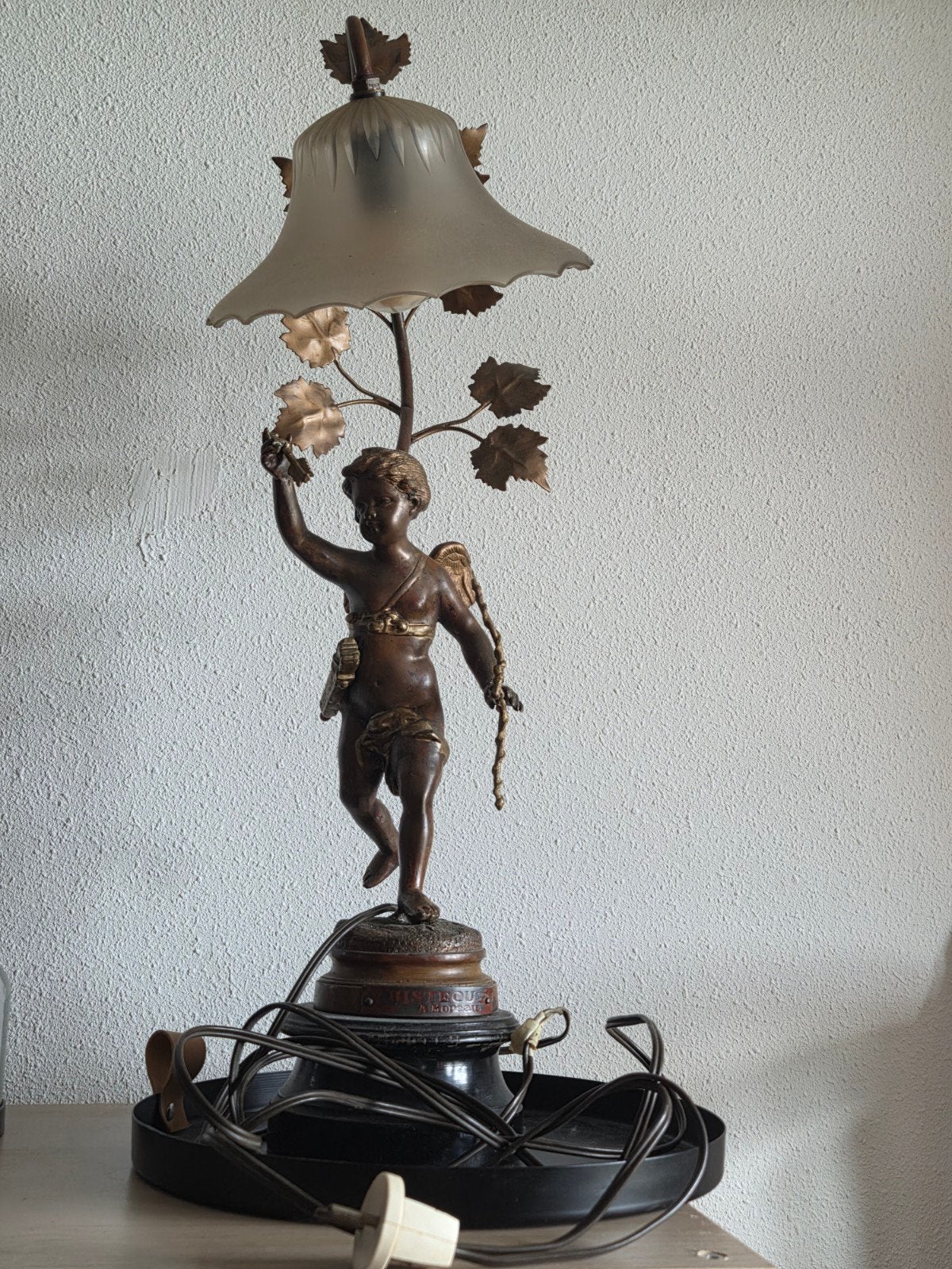 Antieke bronzen tafellamp met Cupido figuur, Ophalen of Verzenden