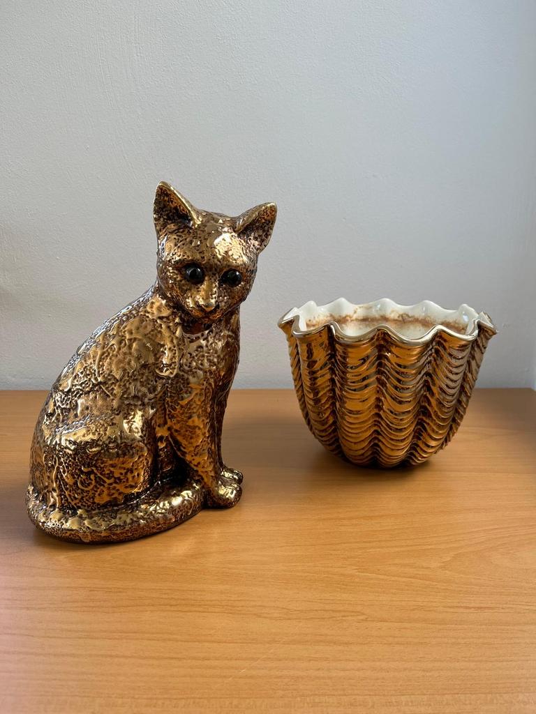 Gouden kat en schelpvormige pot - Decoratieve set, Ophalen