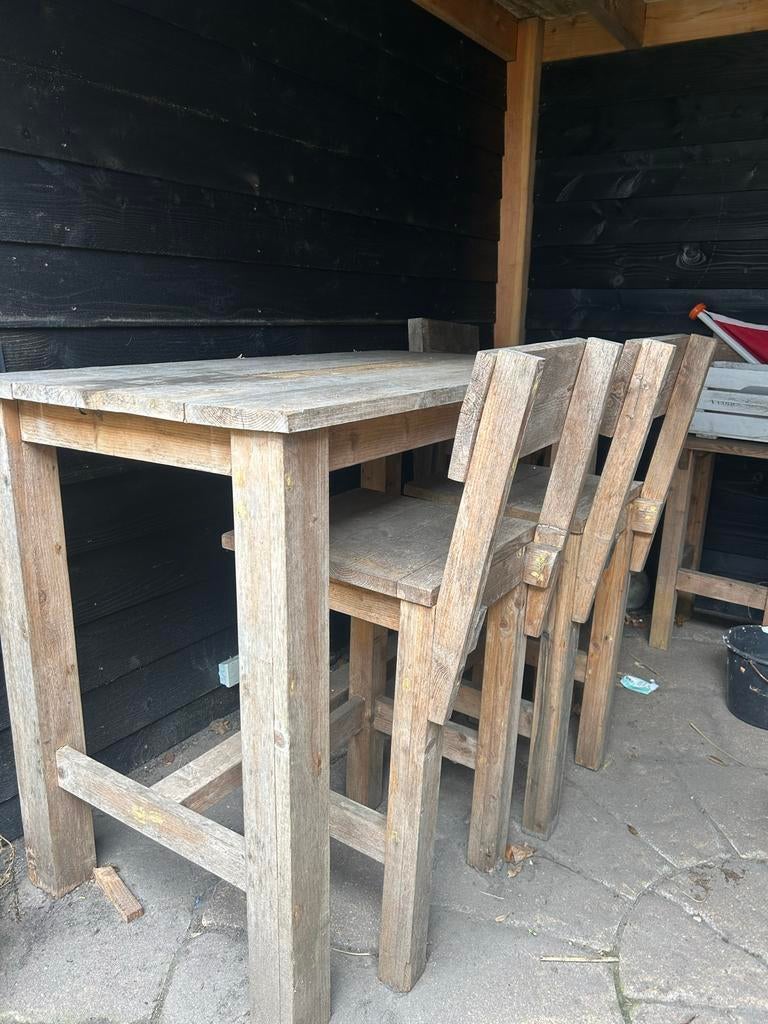 Steigerhouten tafel met 4 bijpassende stoelen, Ophalen, Gebruikt, Rechthoekig, Hout