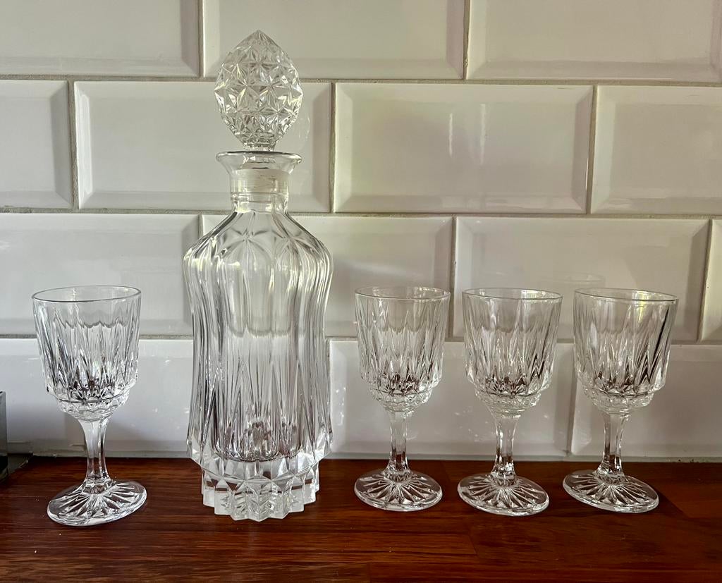 Vintage kristallen likeurset met 4 glaasjes, Ophalen of Verzenden