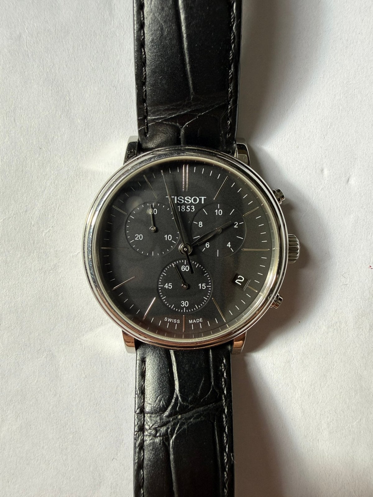 Tissot Carson Chronograph — heren horloge — zwart, Ophalen of Verzenden, Zo goed als nieuw, Leer, Overige merken