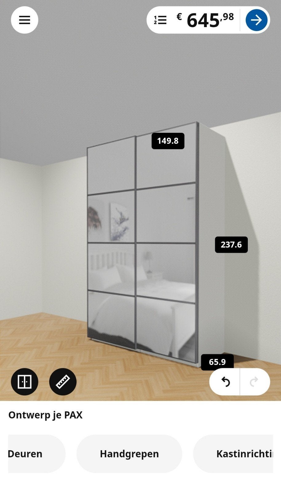 Ikea pax kast 150x237x66 cm volle spiegeldeuren soft close, Ophalen, Zo goed als nieuw, 50 tot 75 cm, 200 cm of meer