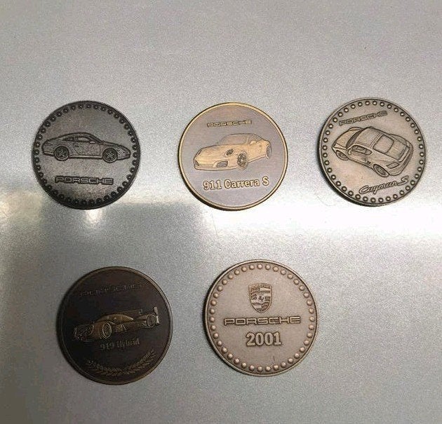 5X porsche munten met verschillende jaren, Ophalen of Verzenden, Metaal, Setje