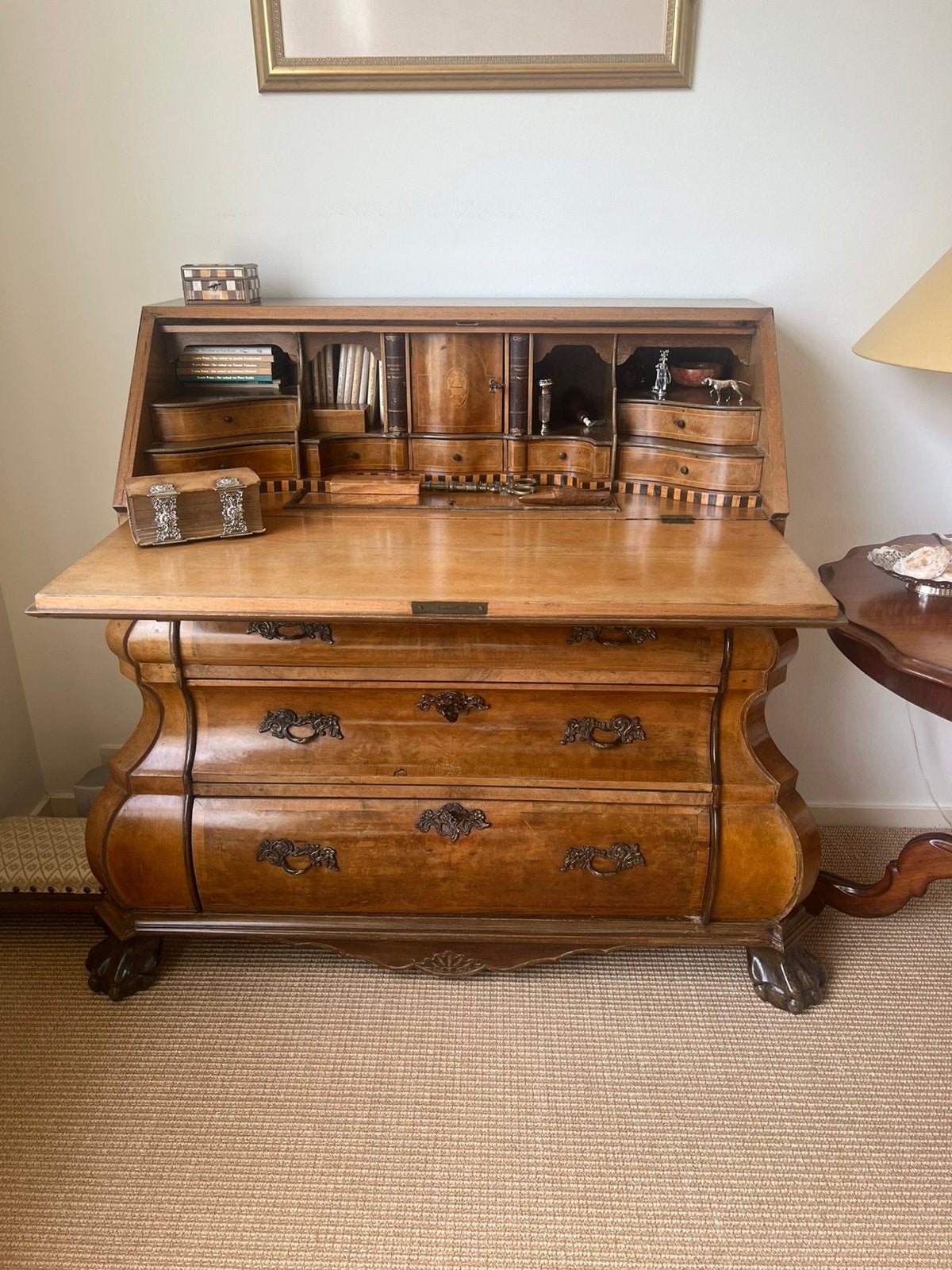 Antiek Biedermeier secretaire damesbureau intarsia rand, Ophalen, Gebruikt