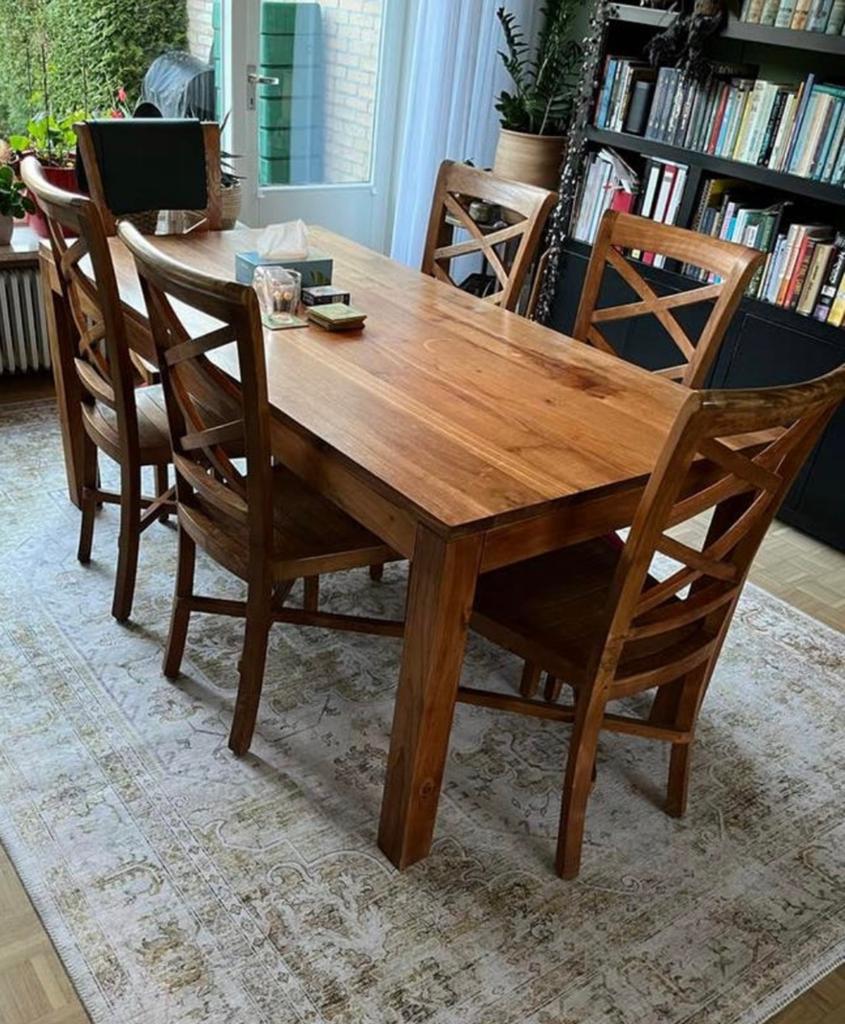 Teakhouten eettafel met vier bijpassense stoelen, Ophalen, Gebruikt, Teakhout, 50 tot 100 cm