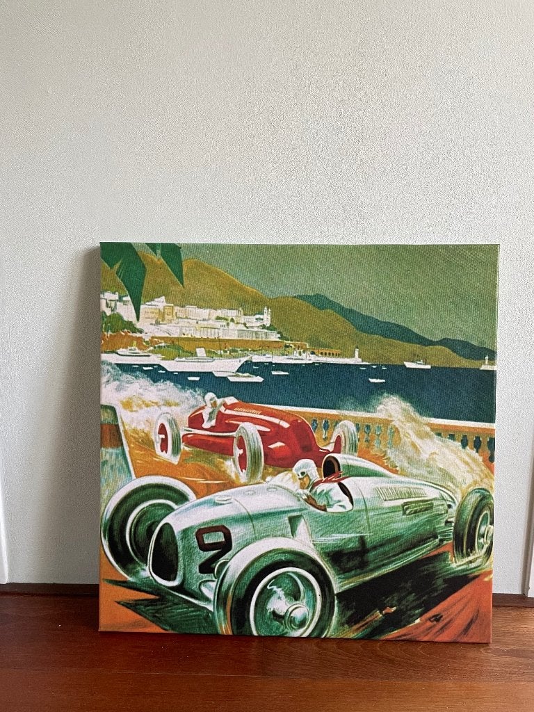 Canvas vinted racewagens art-deco stijl jaren '30 rood groen, Ophalen, 50 – 75, Overige typen, Zo goed als nieuw