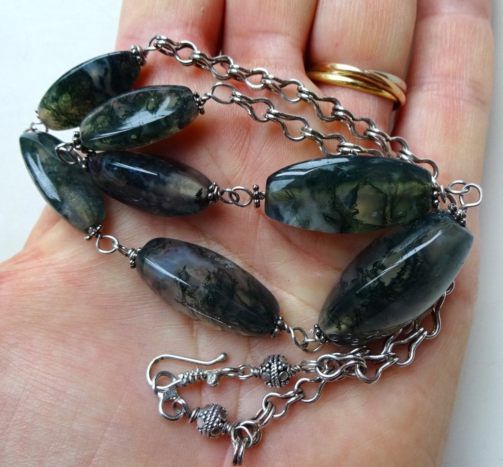 Vintage zilveren jasseron ketting: 7 x mosagaat kralen, Ophalen of Verzenden, Zilver, Ketting, Met edelsteen