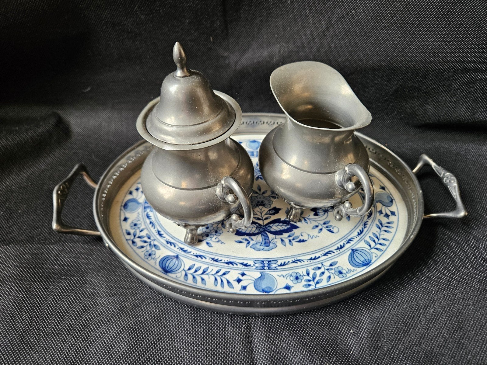 Antieke tinnen suikerpot, melkkan en dienblad (Delfts blauw), Ophalen of Verzenden
