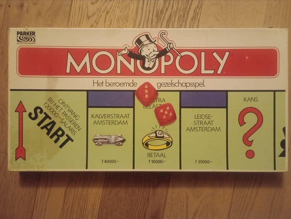 Monopoly Bordspel 1985 - 8 Pionnen, Doos Beschadigd, Hobby en Vrije tijd, Ophalen of Verzenden, Gebruikt