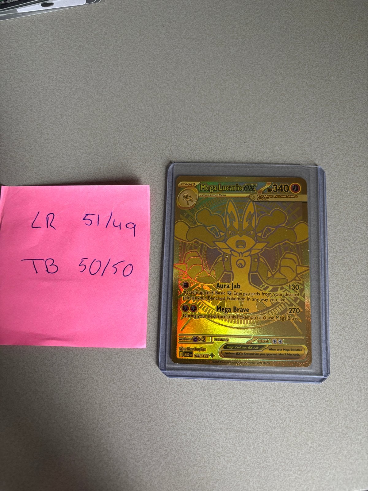 Gouden Mega Lucario EX Pokémon Kaart - Full Art, Ophalen of Verzenden, Zo goed als nieuw, Losse kaart, Foil