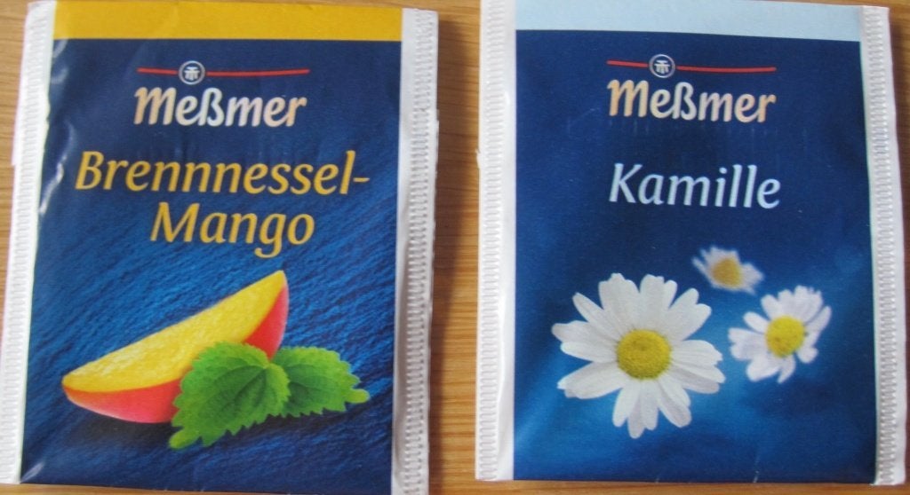 Twee theezakjes van Messmer - brandnetel-mango - kamille, Verzenden, Theezakje(s)