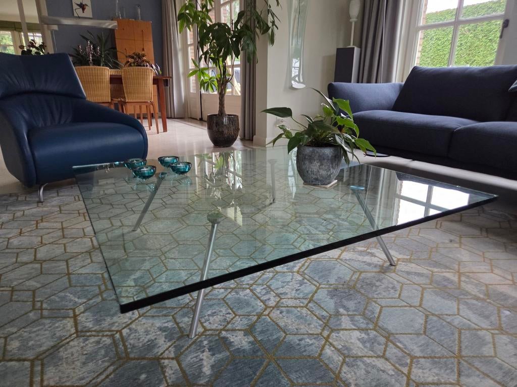 GRATIS AFHALEN fraaie glazen design salontafel, Huis en Inrichting, Ophalen, Gebruikt, Design, Vierkant
