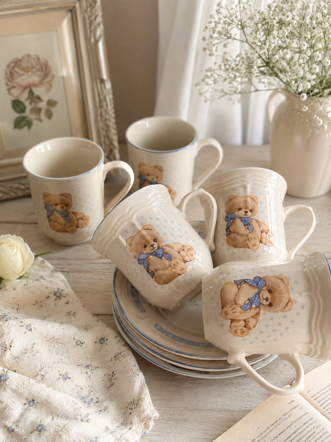 Vintage Kopjes en Schotels met Teddybeer Design, Ophalen of Verzenden