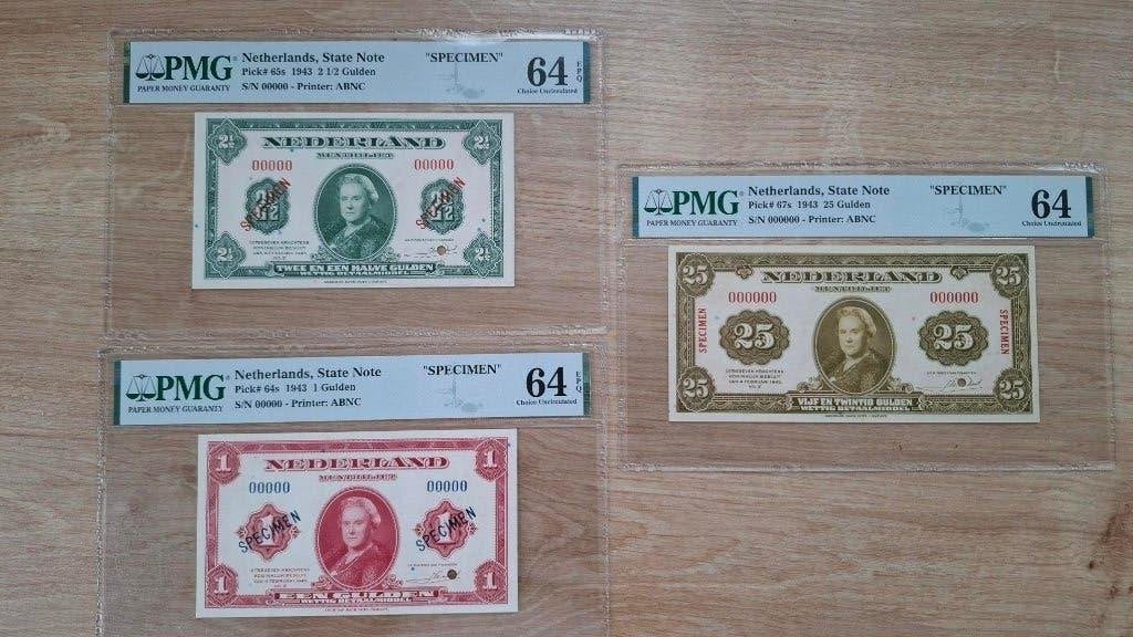 3 x guldenbiljet Wilhelmina l, 1943, SPECIMEN   UNC, Postzegels en Munten, Ophalen of Verzenden, 25 gulden, Setje