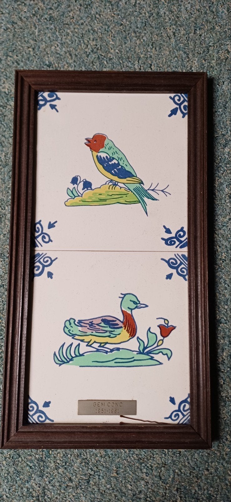 Ingelijste Delfts Blauw-stijl tegels met vogels, Antiek en Kunst, Ophalen