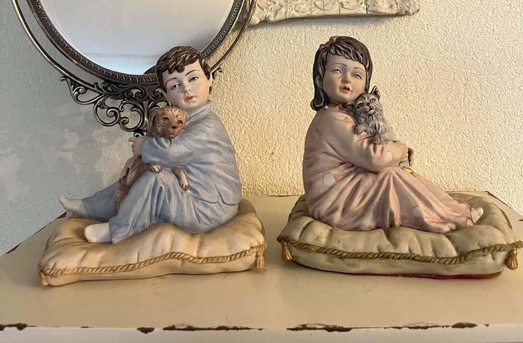 Oude set boekensteunen meisje en jongetje, Verzamelen, Beelden en Beeldjes, Ophalen of Verzenden, Gebruikt, Mens