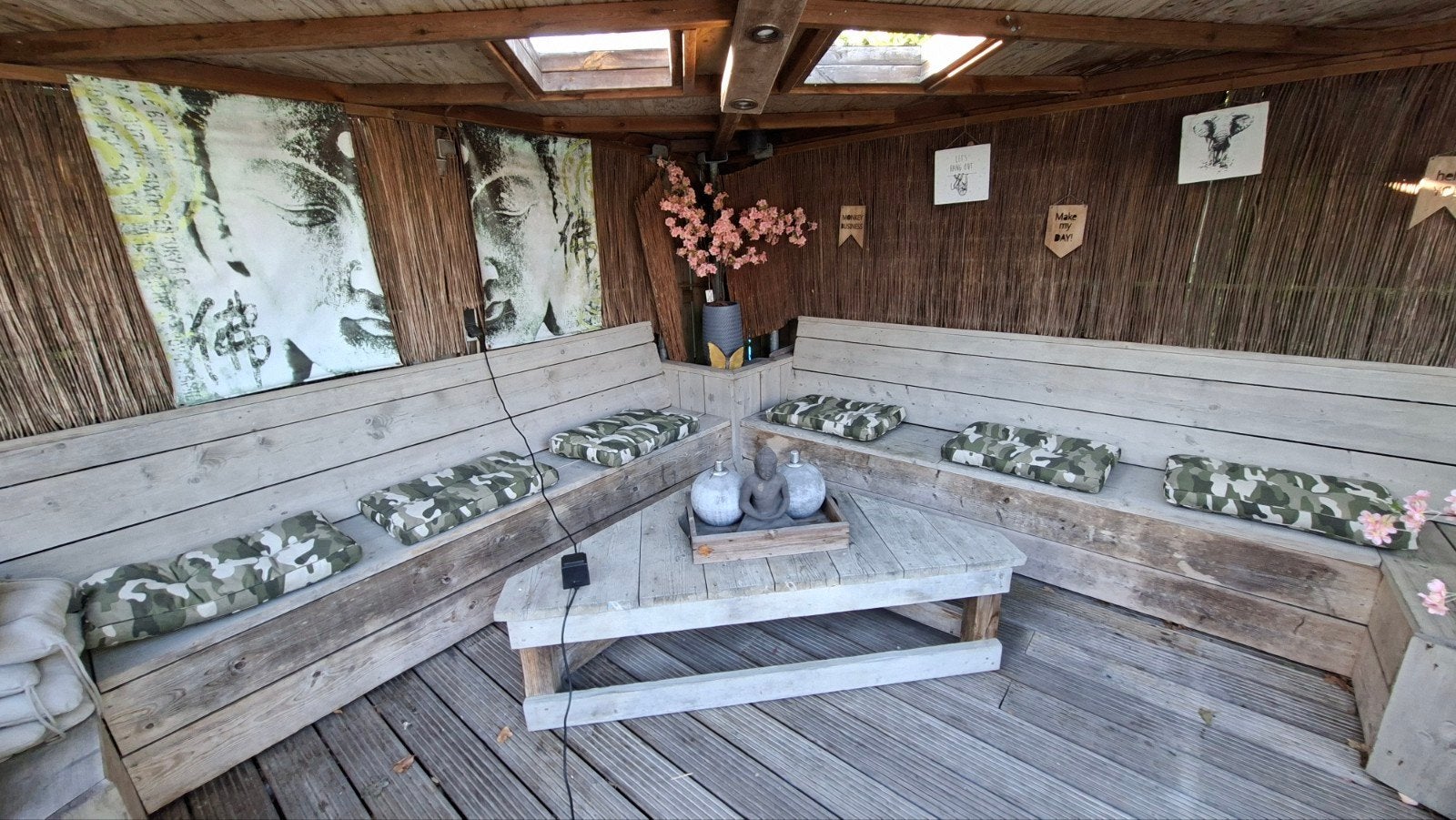 Gratis Houten Tuinhuis/Overkapping incl. steigerhout lounges, Tuin en Terras, Overkappingen, Ophalen, Gebruikt, Veranda