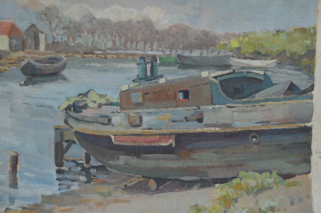 Aquarel binnenvaartschepen/werf/haventje matige staat., Maritiem / water, Ophalen of Verzenden, Handgeschilderd, Papier