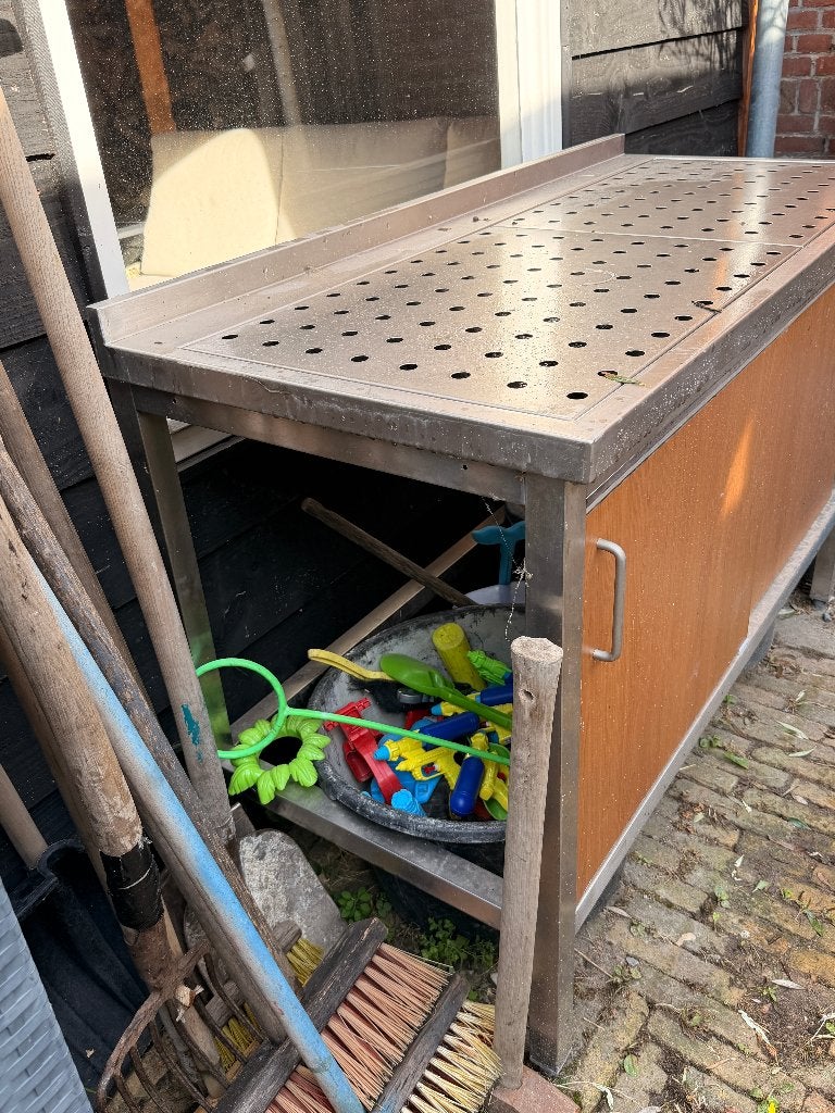 RVS werkbank met spoelbak en opbergruimte, Ophalen, Gebruikt
