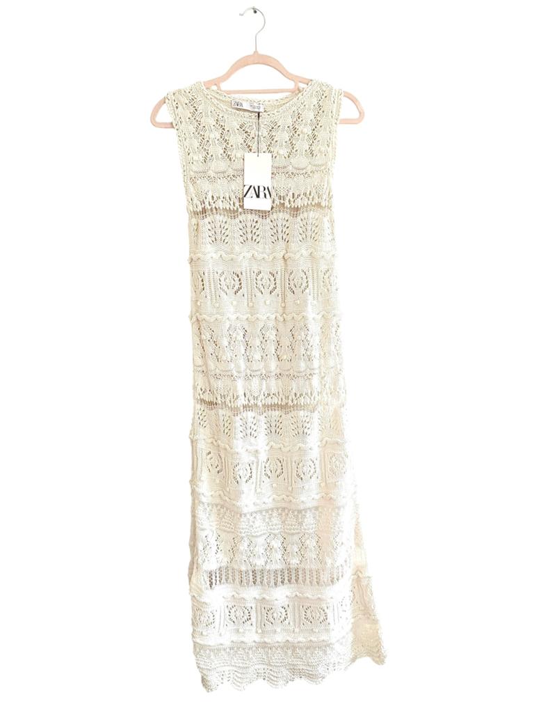 Creme lange crochet jurk ZARA nieuw met label, Wit, Nieuw, Ophalen of Verzenden, Maat 36 (S)