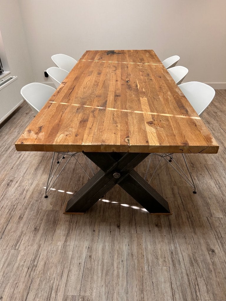 Industriële eiken eettafel, Ophalen, Eikenhout, 200 cm of meer, 50 tot 100 cm