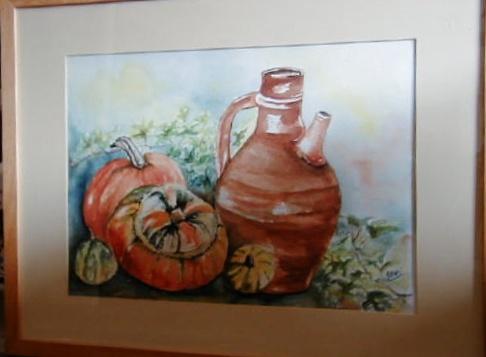KALEBASSEN met kruik gesigneerd in lijst achter glas 85x65cm, Ophalen of Verzenden