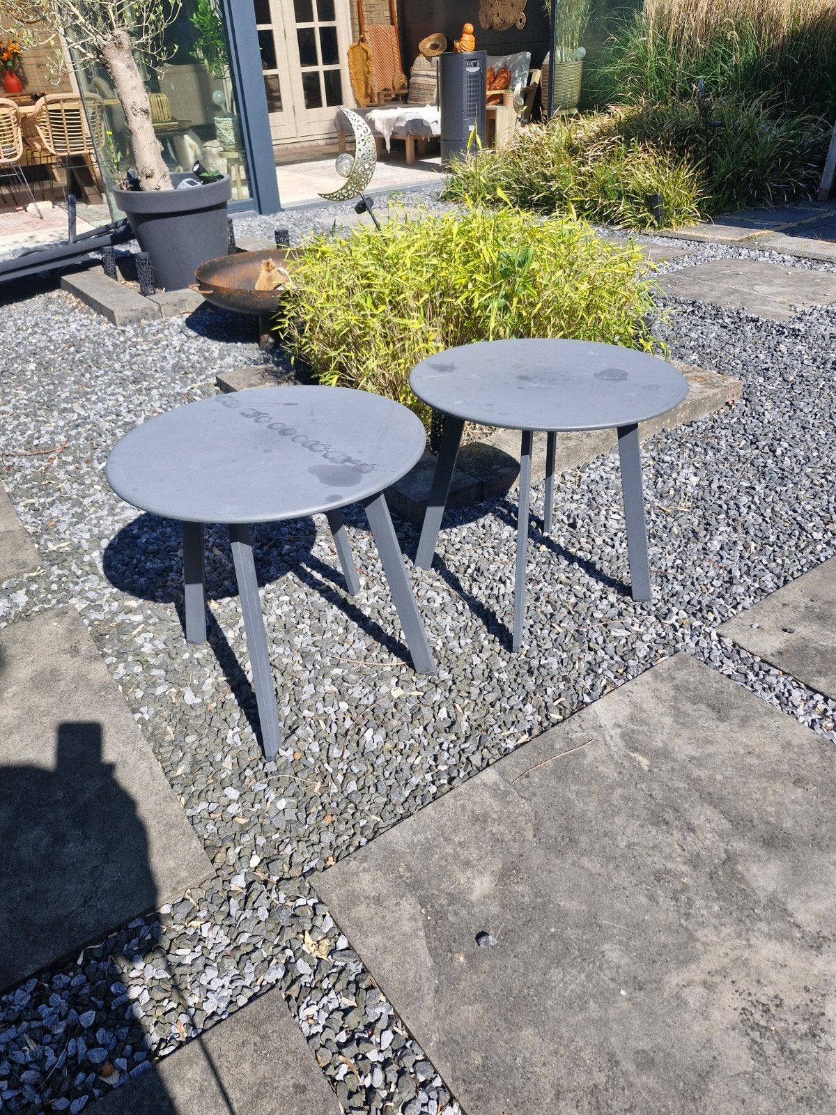 Set van 2 grijze bijzettafels voor buiten, Tuin en Terras, Tuintafels, Ophalen, Gebruikt, Rechthoekig