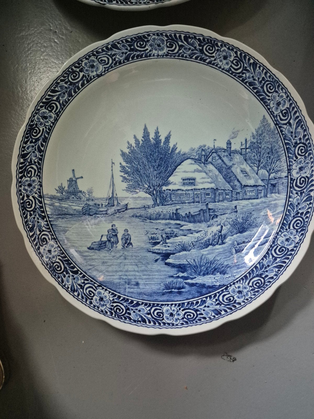 Antiek Delfts Blauw Bord met Hollands Winterlandschap, Ophalen
