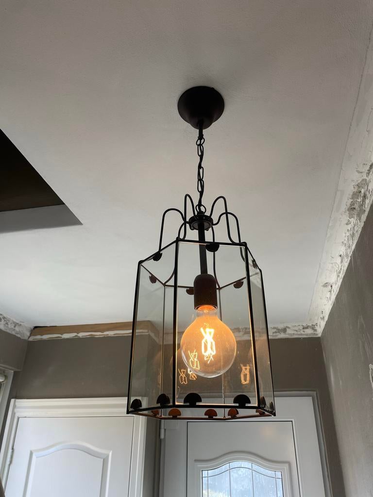 Set van 3 zwarte hanglampen met glas, Ophalen of Verzenden, Zo goed als nieuw, Glas, 50 tot 75 cm