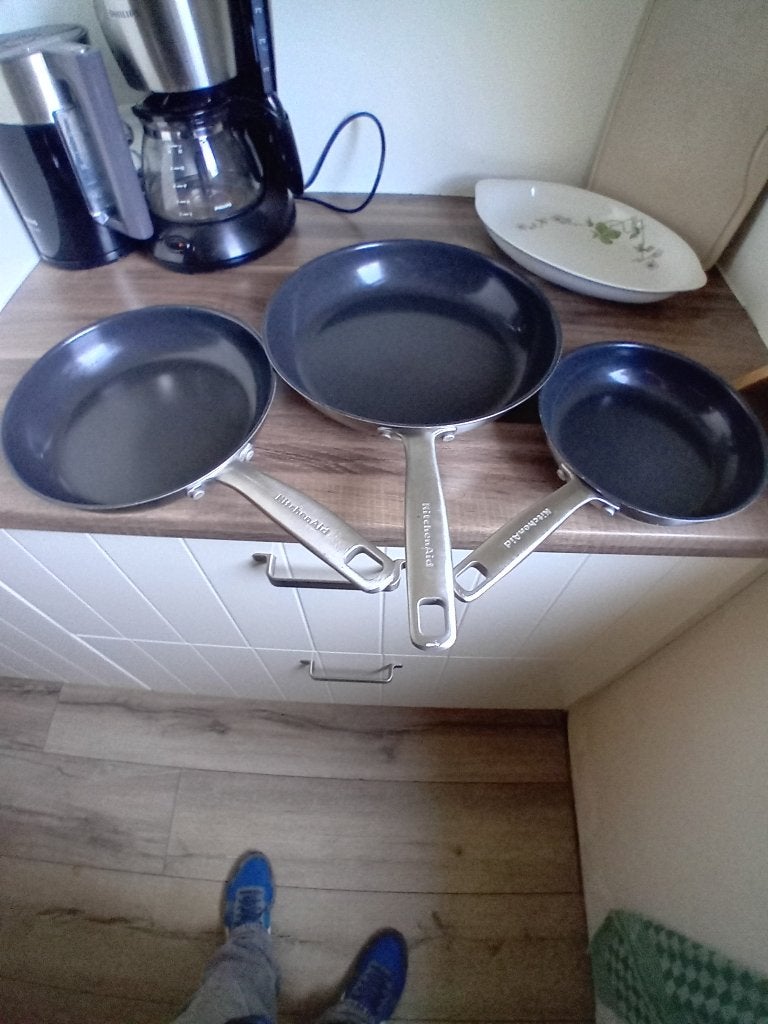 Set van 3 KitchenAid koekenpannen (28, 24 en 20 cm), Ophalen, Gebruikt, Met handvatten, Overige merken