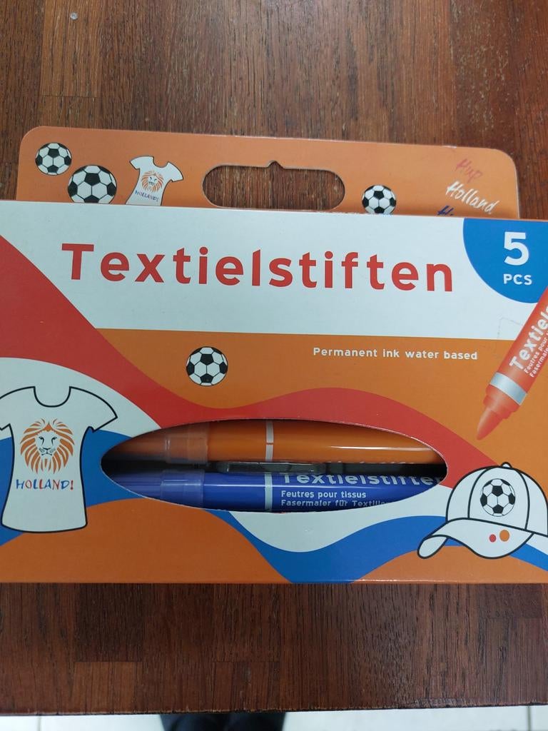 Textielstiften 5 stuks - Oranje/Blauw - Holland thema, Hobby en Vrije tijd, Knutselen, Ophalen of Verzenden