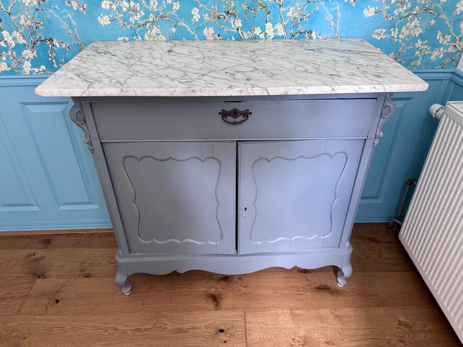Brocante Commode Grijs met Marmeren Blad, Ophalen