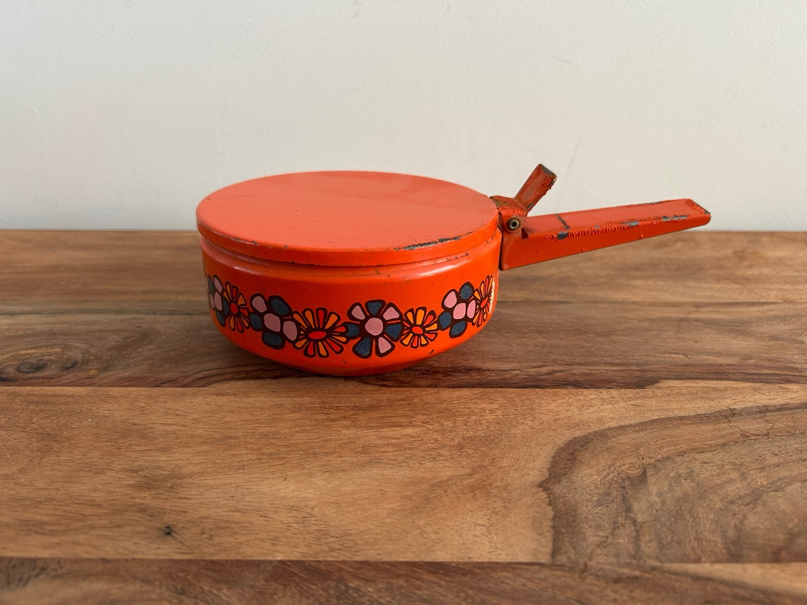 Vintage Oranje Emaille Pan met Bloemmotief, Ophalen of Verzenden