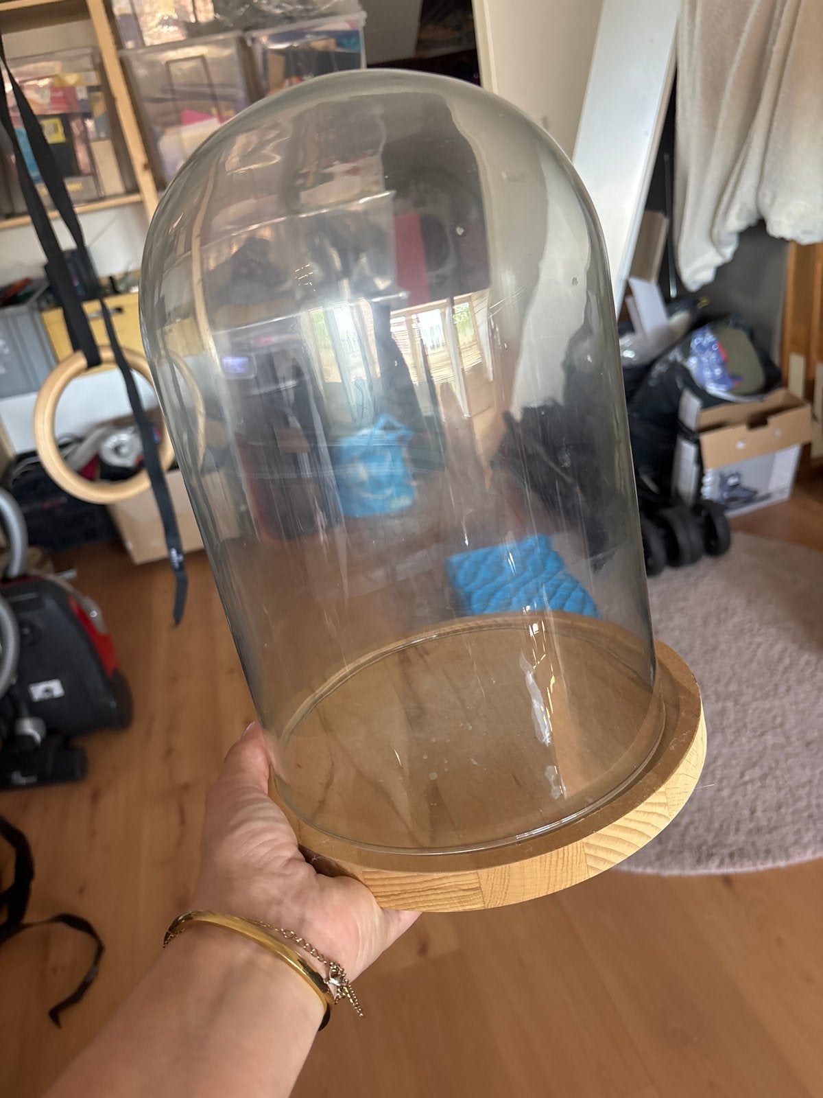 Glazen stolp met houten voet, Ophalen, Gebruikt, Meerkleurig, Glas
