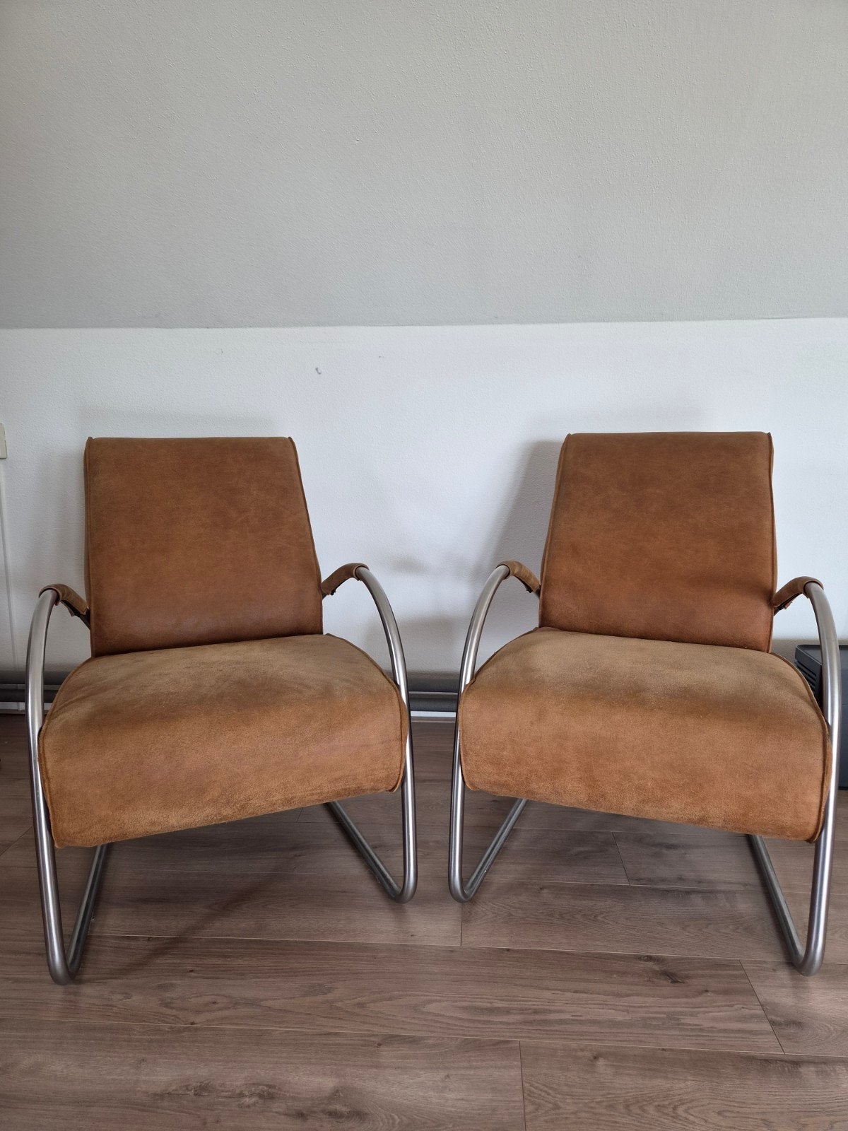 Twee Jess Design fauteuils - Cognac leer en metaal, Ophalen, Gebruikt, Twee, Leer