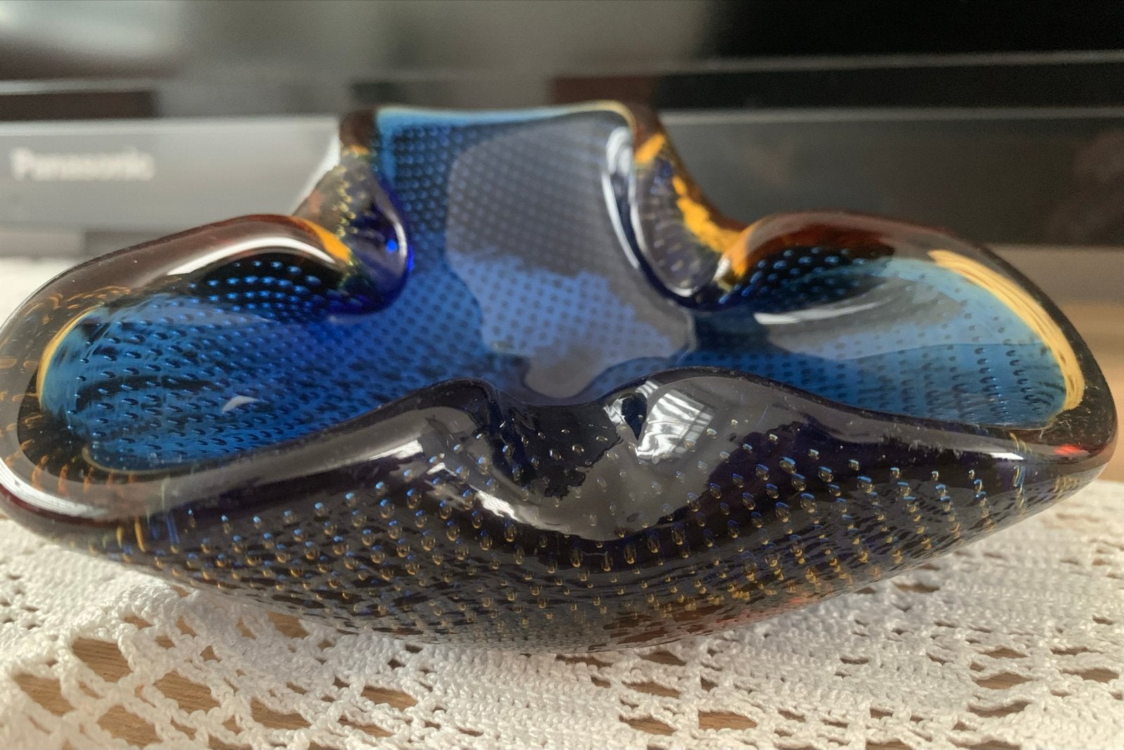 Vintage Murano Glas Asbak/Schaal - Blauw en Amber, Antiek en Kunst, Antiek | Glas en Kristal, Ophalen of Verzenden