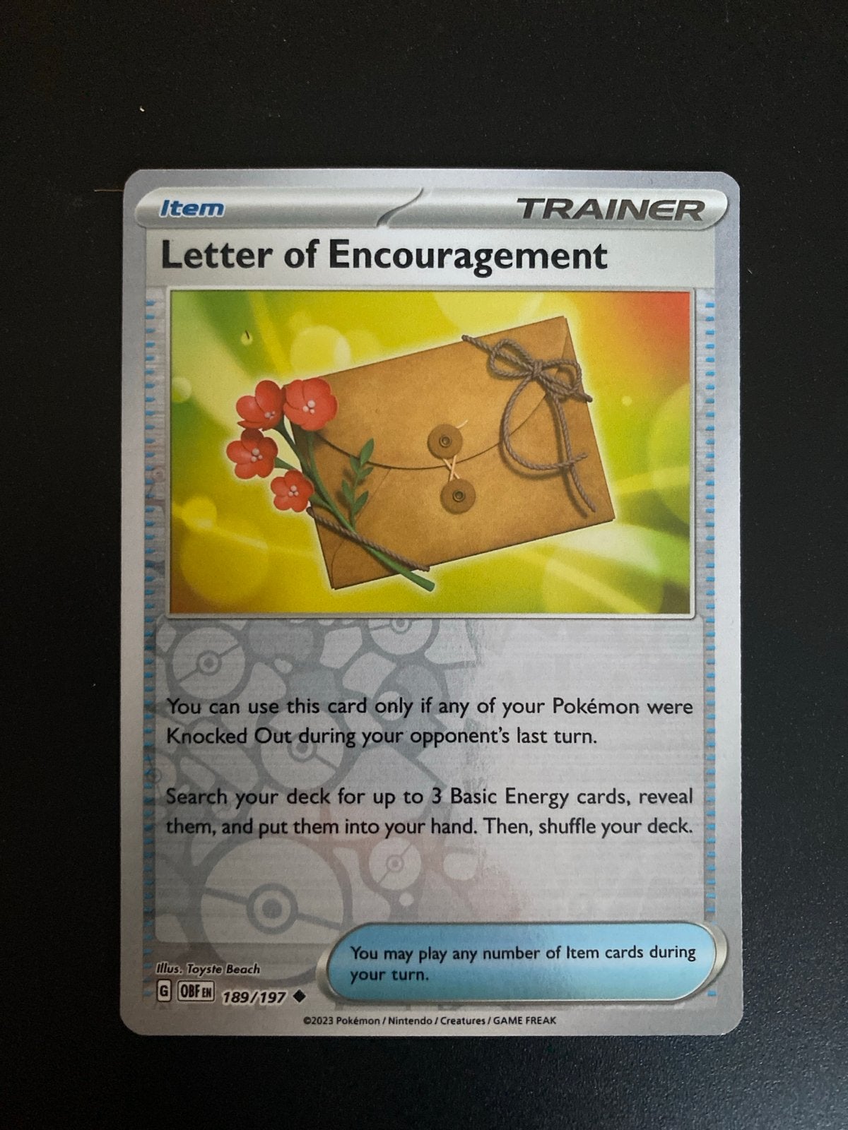 Letter of Encouragement 189/197 Reverse Holo Obsidian Flames, Ophalen of Verzenden, Zo goed als nieuw, Losse kaart, Foil