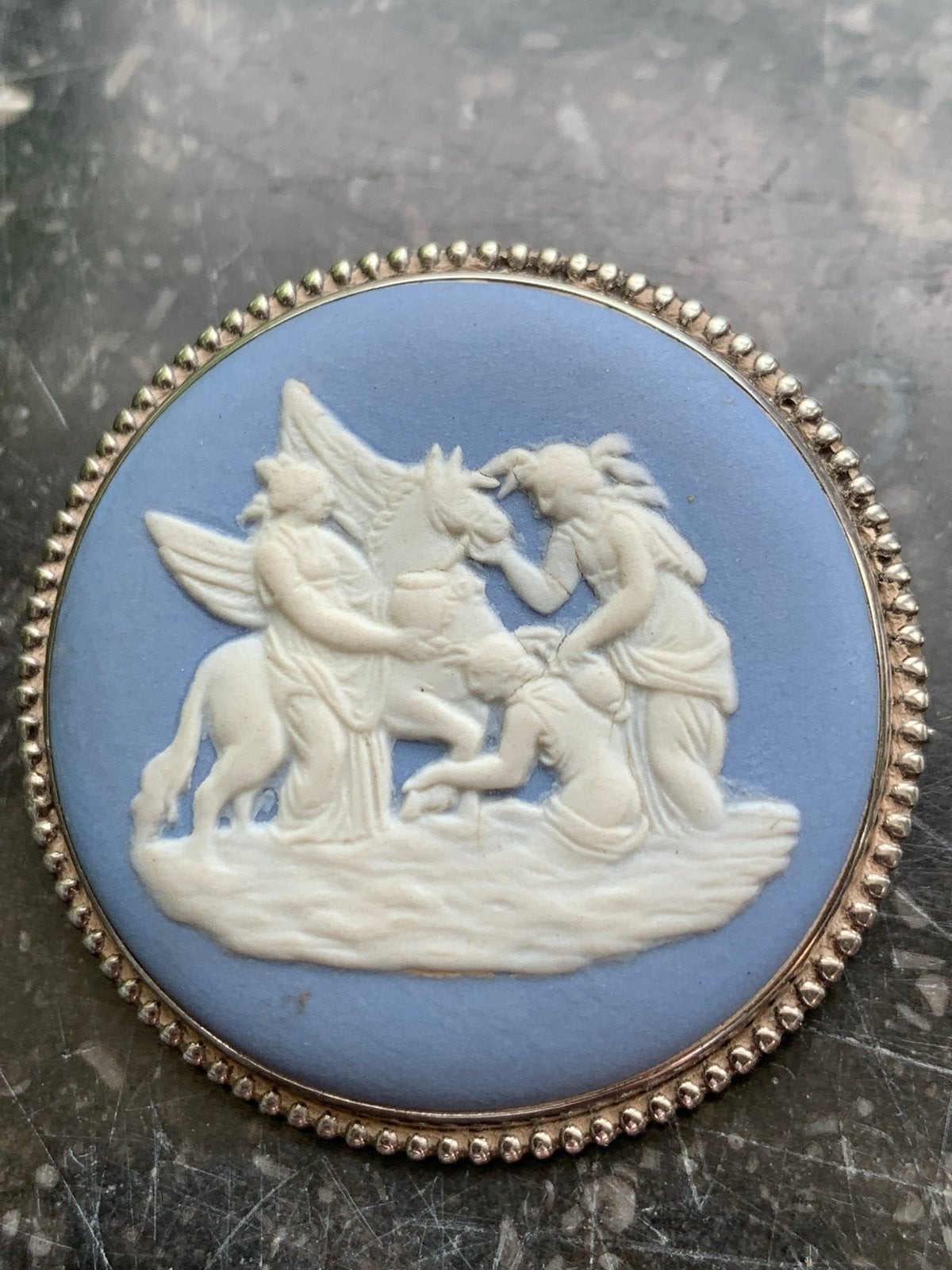 Vintage Wedgwood Broche/Hanger - Blauw Jaspis Zilver, Ophalen of Verzenden, Zilver, Broche