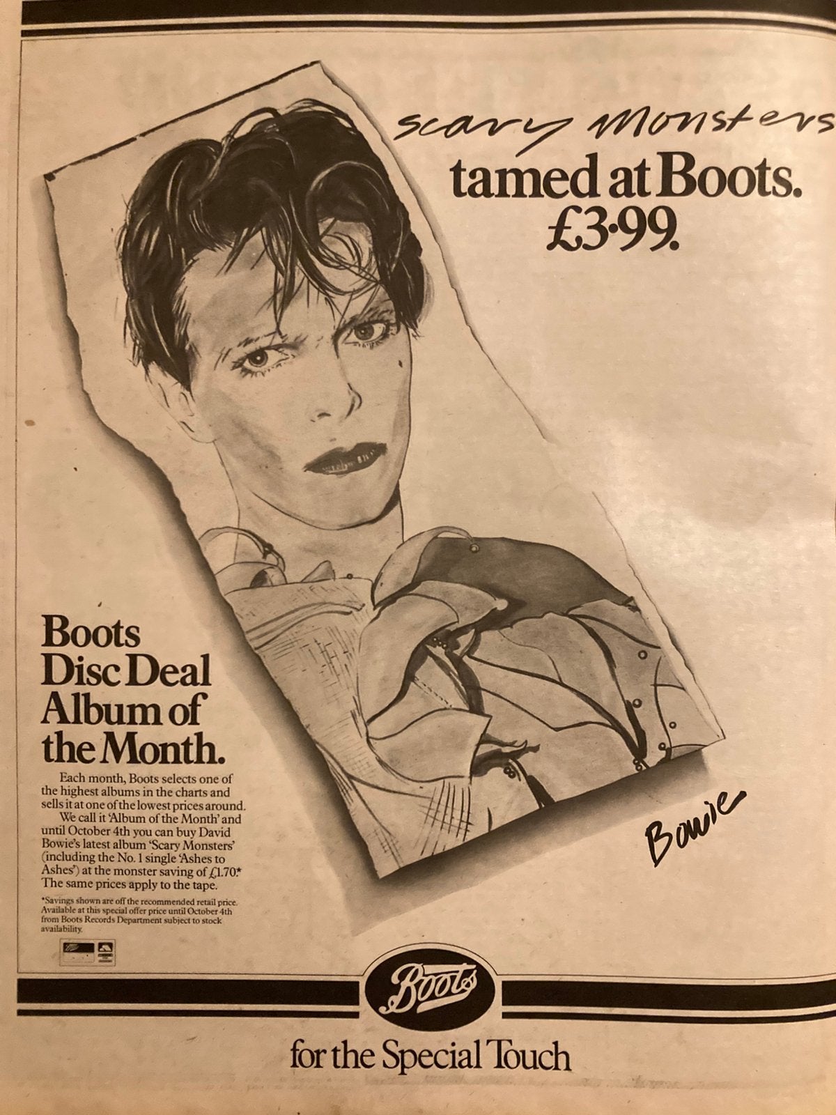 Paginagrote A3 advertentie DAVID BOWIE Scary Monsters releas, Ophalen of Verzenden, Gebruikt, A1 t/m A3