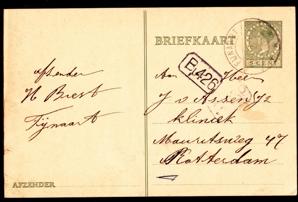 Briefkaart; Fijnaart naar Rotterdam op 10-1-1927, Ophalen of Verzenden, Briefkaart