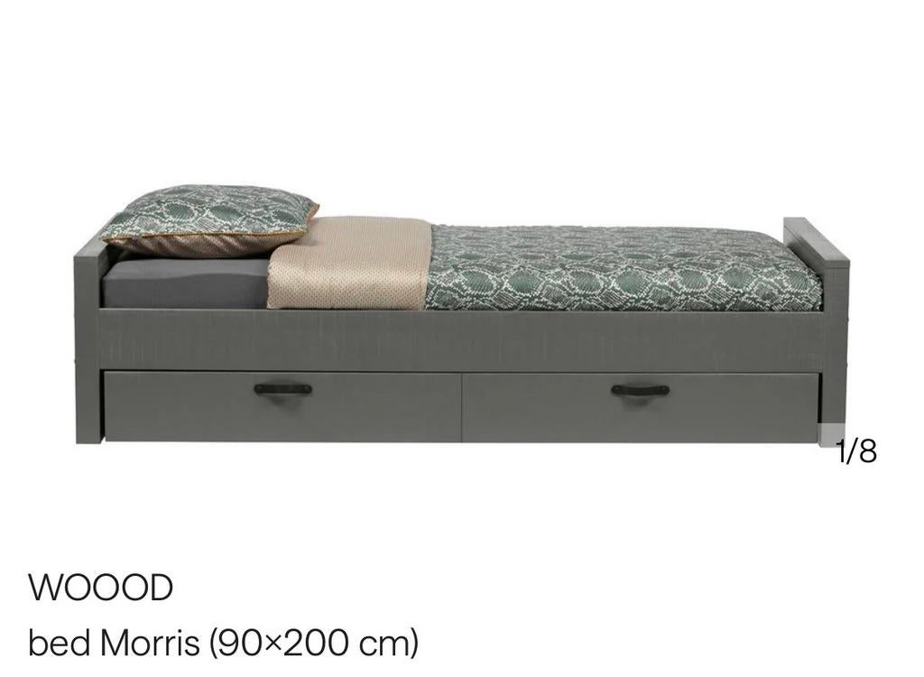 Woood Morris eenpersoonsbed met bedlade - Grijs, Ophalen, 90 cm, Eenpersoons, Zo goed als nieuw