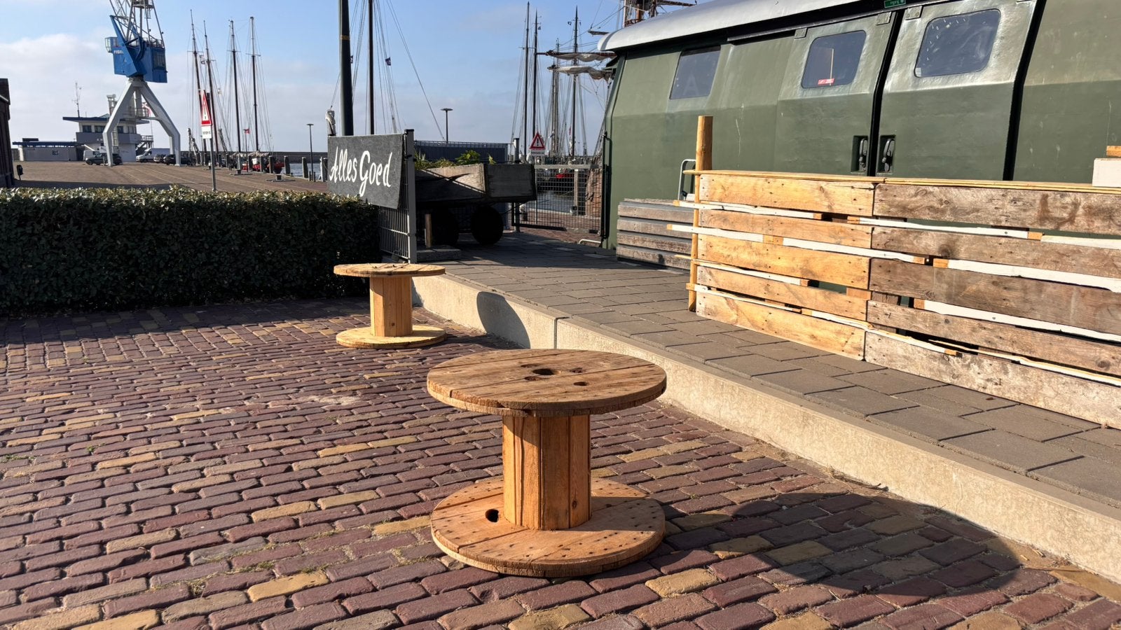 Houten haspels evenement-tafel robuust, Tuin en Terras, Tuinmeubel-accessoires, Ophalen, Zo goed als nieuw
