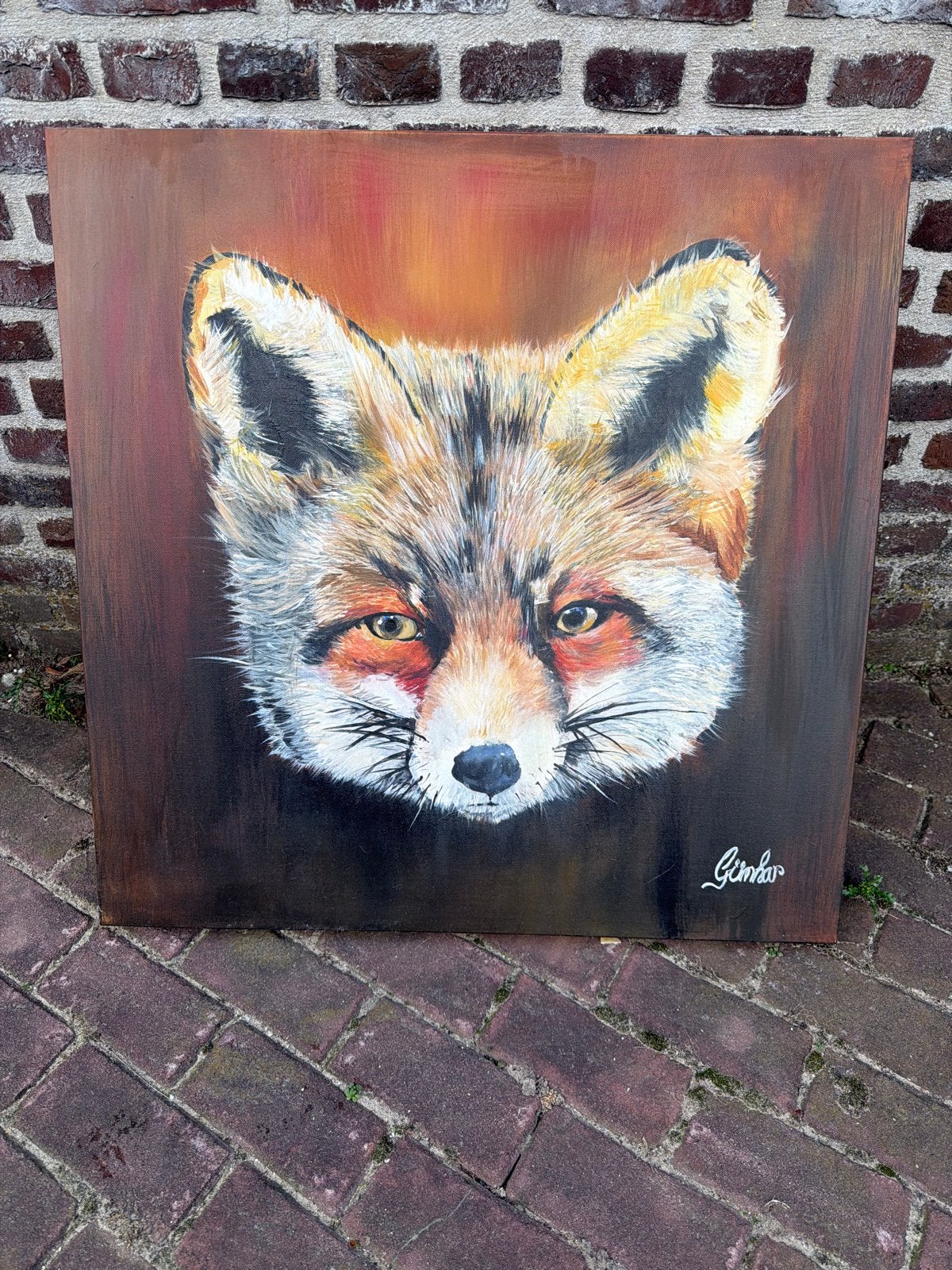 Schilderij vos - Handgeschilderd acryl op doek, Antiek en Kunst, Ophalen, Acrylverf, Dieren, Gesigneerd