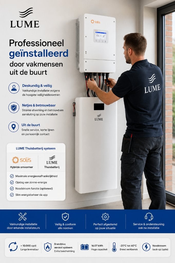 32kWh LUME Thuisbatterij inclusief omvormer en installatie, 200 wattpiek of meer, Onbekend, Nieuw, Ophalen of Verzenden