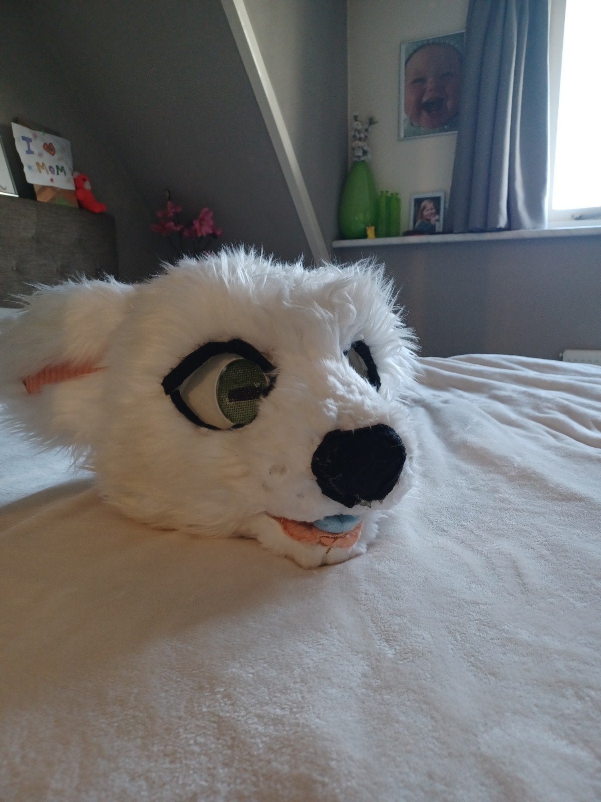 Witte Fursuit Hoofd staart en bril, Hobby en Vrije tijd, Ophalen of Verzenden, Gebruikt