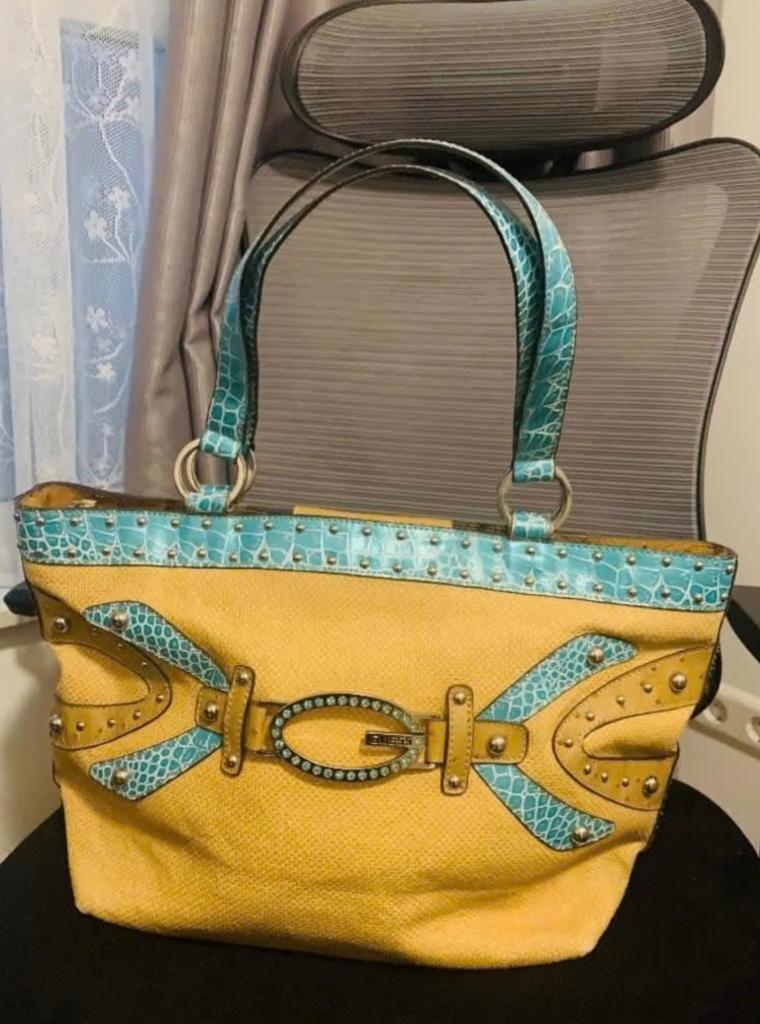 Vintage Guess Y2K Tote - Turquoise Croc & Straw - MINT, Ophalen, Zo goed als nieuw, Overige kleuren, Handtas
