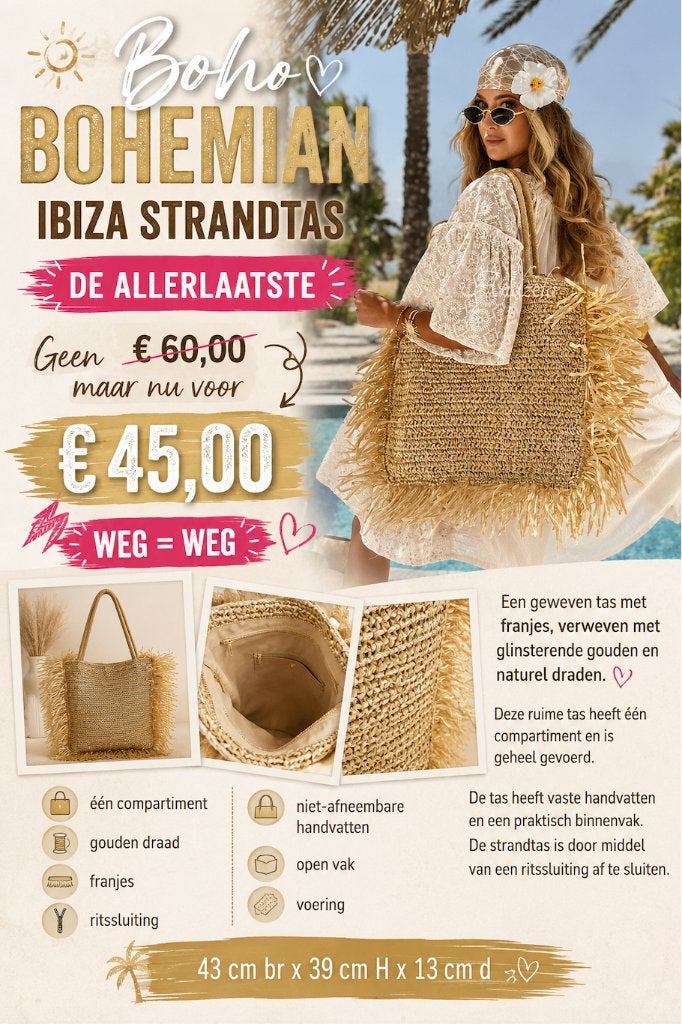 Boho Bohemian Ibiza Strandtas 43 x 39cm OP = OP, Ophalen of Verzenden, Nieuw, Shopper