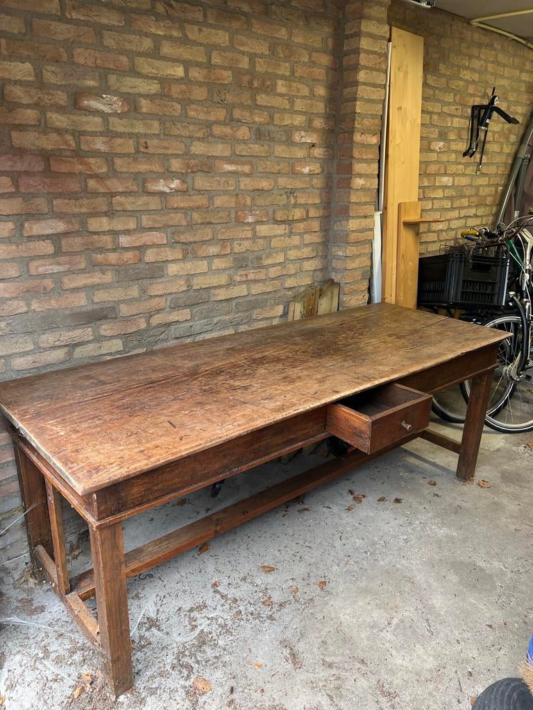 Oude kloostertafel 75x200cm met lade, Huis en Inrichting, Tafels | Eettafels, Ophalen, Gebruikt, Eikenhout, 50 tot 100 cm