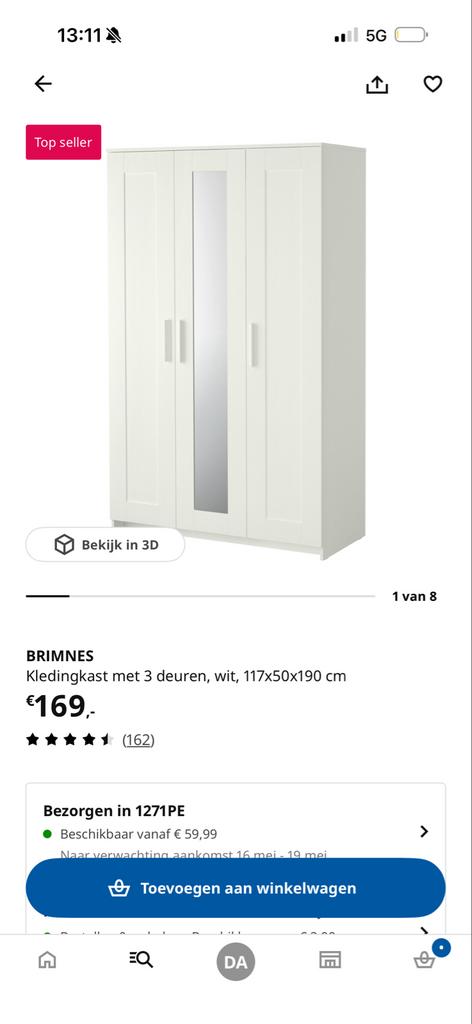 IKEA BRIMNES Kledingkast met 3 deuren, wit, 117x50x190 cm, Huis en Inrichting, Ophalen, Zo goed als nieuw