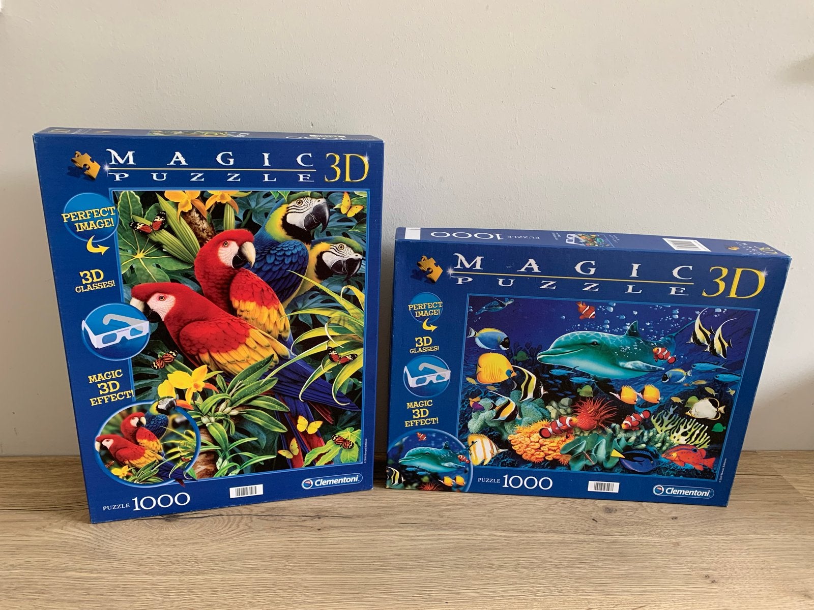 2x Clementoni Magic 3D Puzzel 1000 stukjes - Papegaaien & Ze, Ophalen of Verzenden, 500 t/m 1500 stukjes, Gebruikt, Legpuzzel